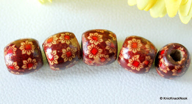10 x Wood Drum Beads/ Spacers Painted Brown Flower Design 17mm x 16mm